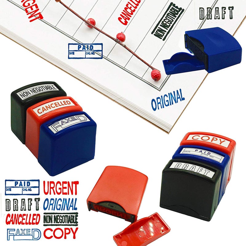 Reliancer Set of 8 Self Inking Pre-Inked Office Stamp 8 Message Account Stamp Office Stationary Stamper Business Paper Work Text Stamps w/Tray RedBlueBlack Ink - Image 4